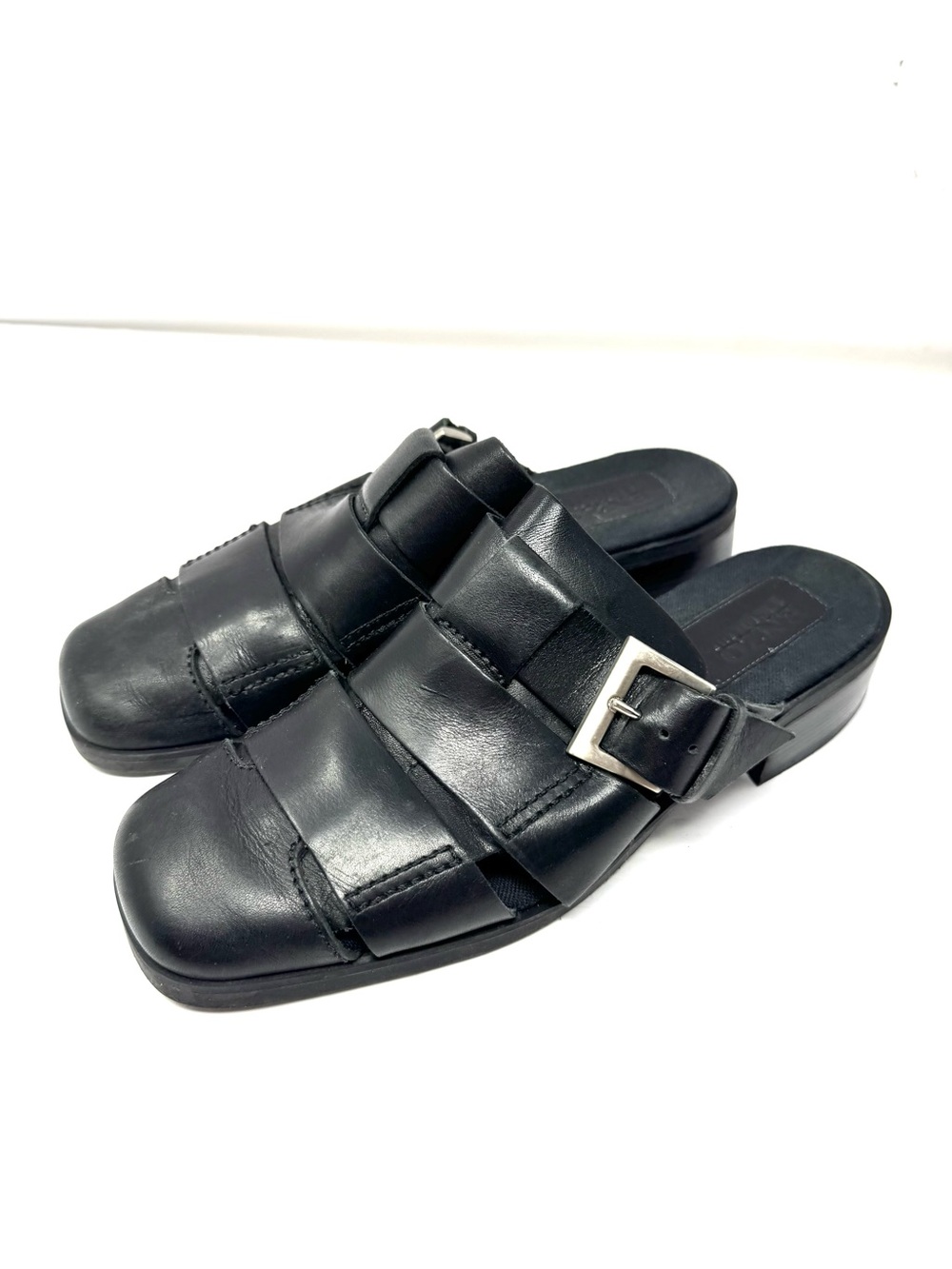 ENZO ANGIOLINI distressed black leather mules, size 8.5
